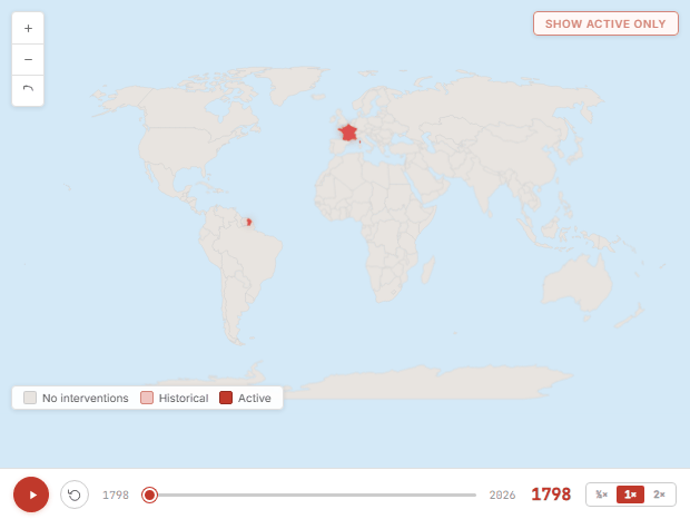 Animated timeline of US foreign interventions from 1798 to 2026, showing countries affected year by year.