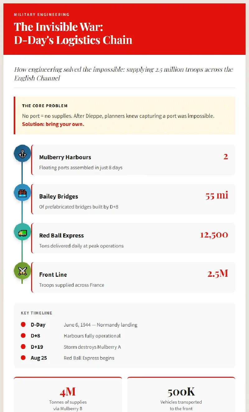 D-Day Logistics Chain Infographic showing Mulberry Harbours, Bailey Bridges, and Red Ball Express