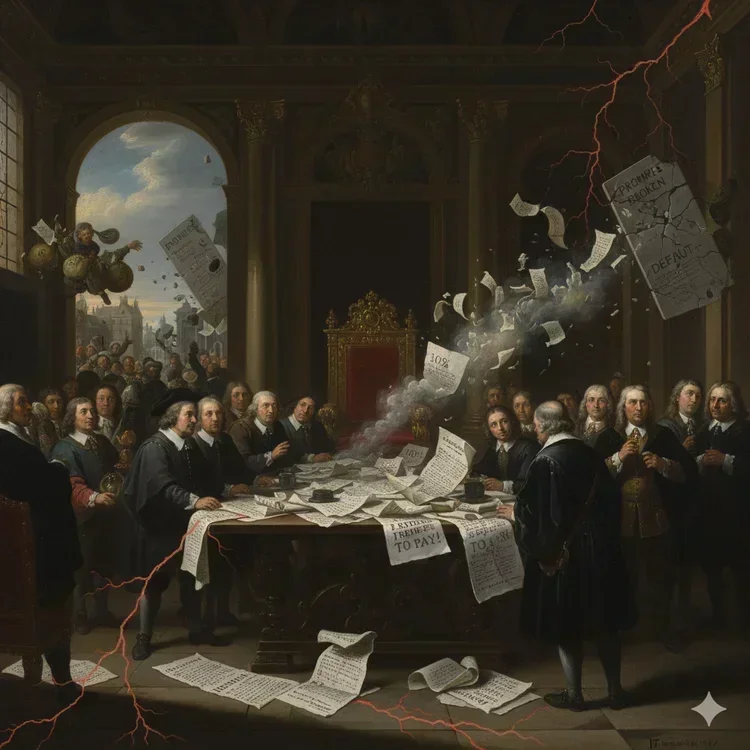 Cascading domino effect: price collapse to buyers refusing payment, broken promises, destroyed credit, social disorder with falling dominos, contract papers, and "I will do as another does" speech bubble.