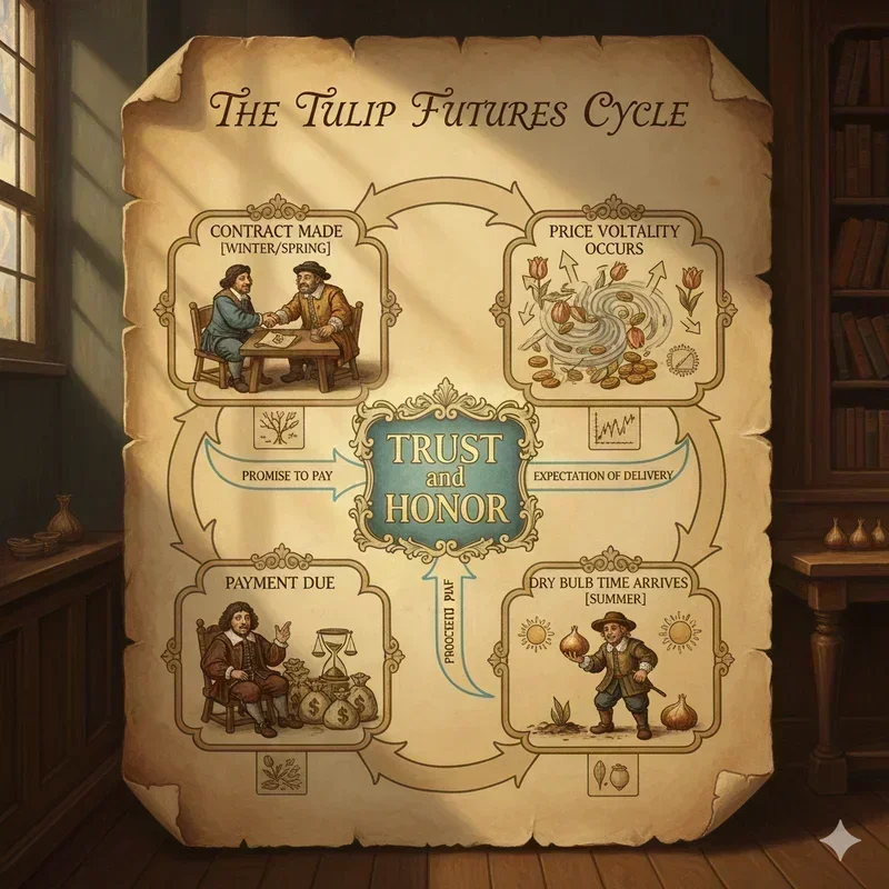 System diagram showing the flow of the Tulip Futures Cycle: (1) Contract Made [Winter/Spring] -> (2) Price Volatility Occurs -> (3) Dry Bulb Time Arrives [Summer] -> (4) Payment Due. Highlight the central role of "Trust and Honor" linking (1) and (4).