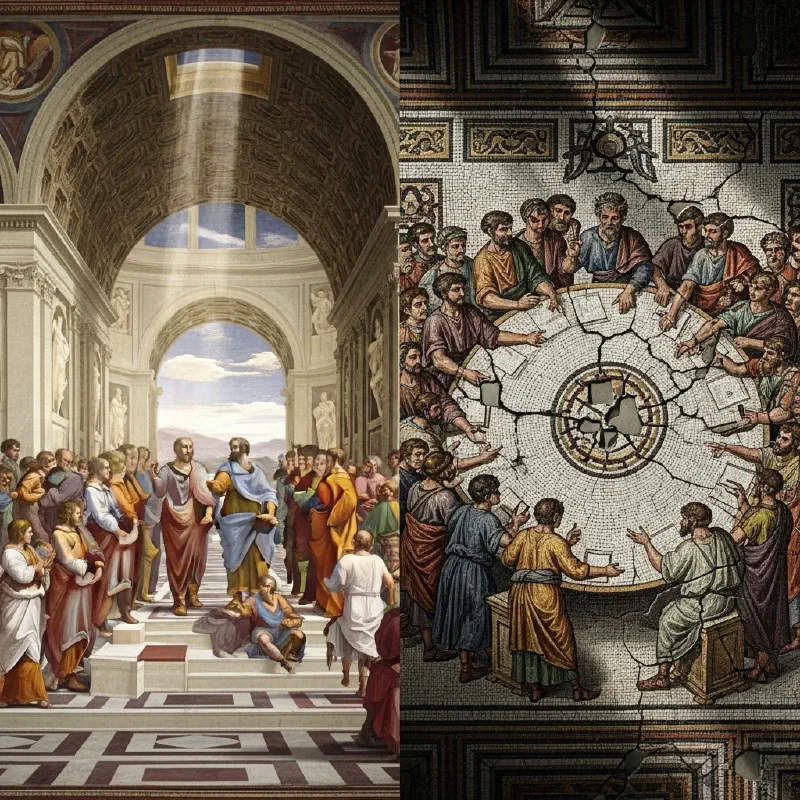 A split image comparing Roman and Carthaginian political assemblies, highlighting structural differences.