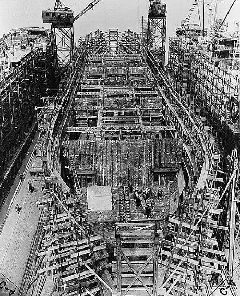 Liberty ship construction showing pre-assembled bulkheads