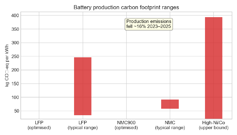 Carbon footprint of battery production (CO2 per kWh) over years