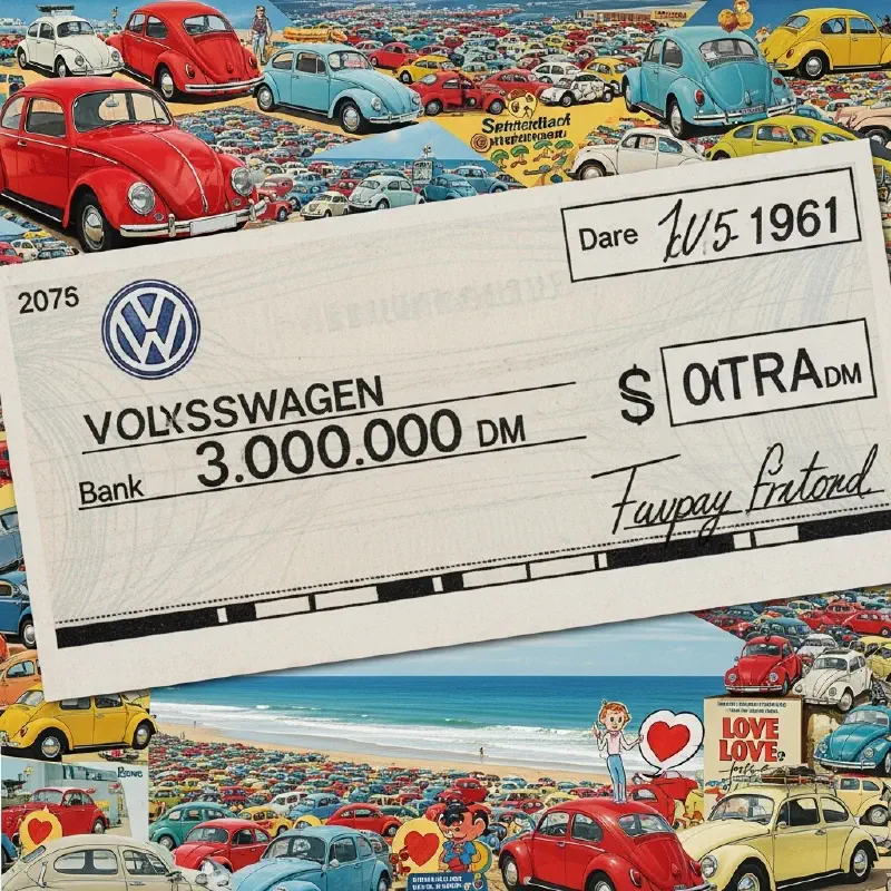 A vintage bank cheque for three million marks is superimposed over a colorful montage of Volkswagen Beetle advertisements and cultural images.