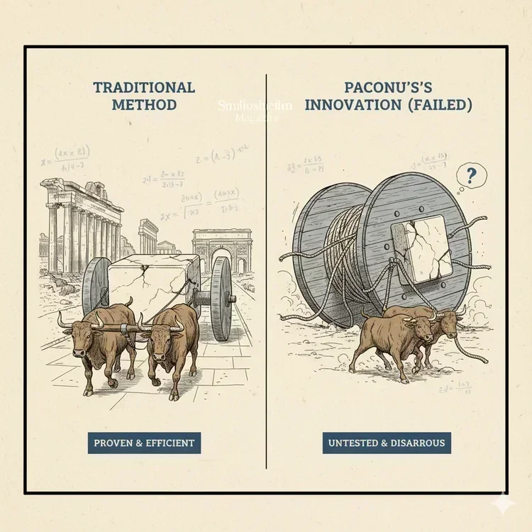 Ancient Roman marble transport illustration showing Paconius's spool system