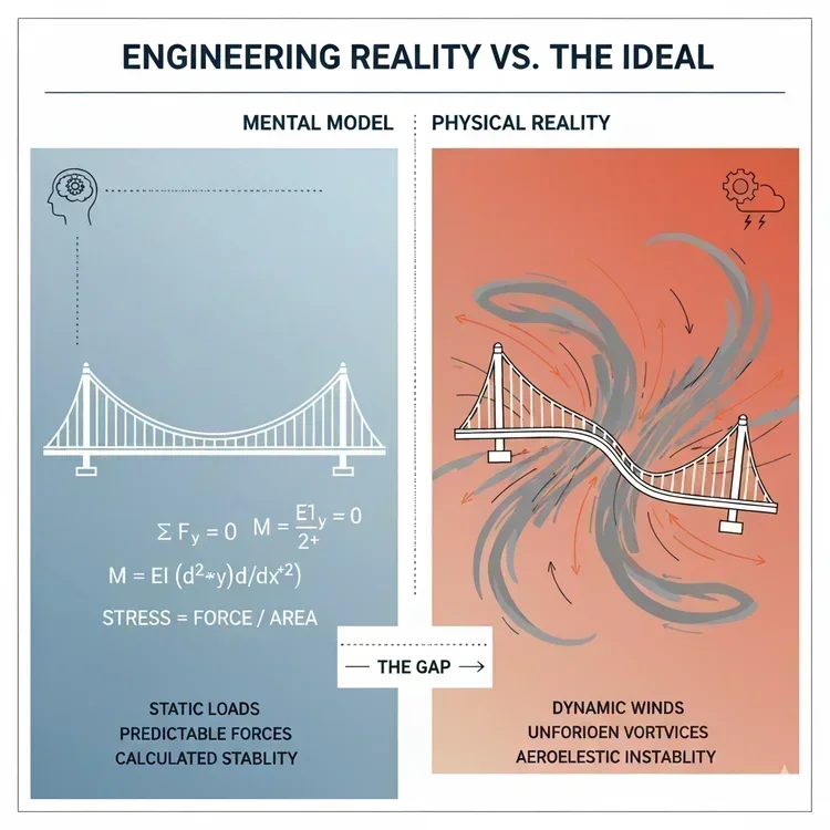 Conceptual illustration contrasting a bridge designer's theoretical mental model with the chaotic reality of wind-induced aerodynamic instability